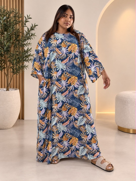 Printed Maxi Dress in Navy Tropical, modest clothing by RCL by Rieffs, Cape Town